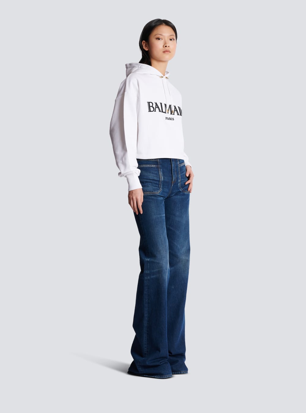 Women's Balmain Cropped With Rubber Roman Logo Sweatshirts White | USA EPNdqHTQ