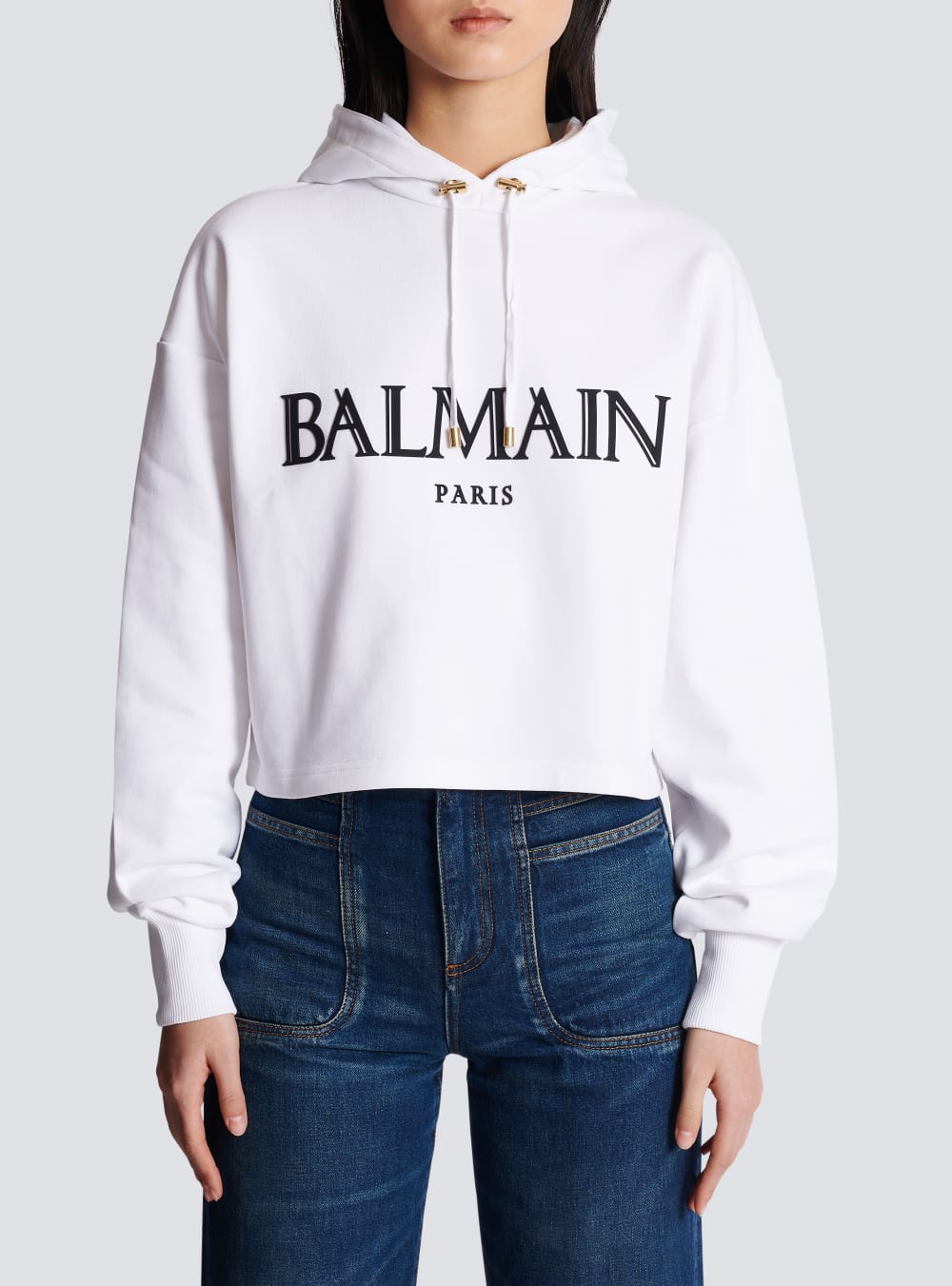 Women's Balmain Cropped With Rubber Roman Logo Sweatshirts White | USA EPNdqHTQ