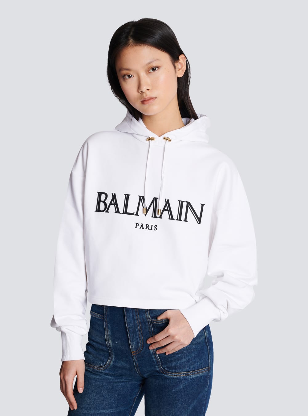 Women's Balmain Cropped With Rubber Roman Logo Sweatshirts White | USA EPNdqHTQ