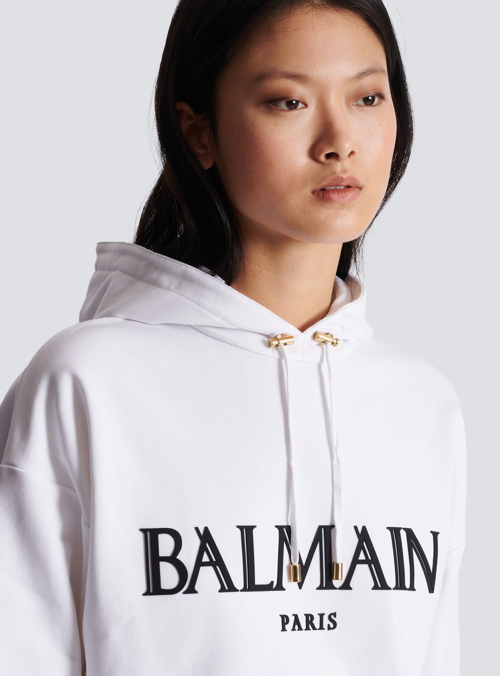 Women's Balmain Cropped With Rubber Roman Logo Sweatshirts White | USA EPNdqHTQ