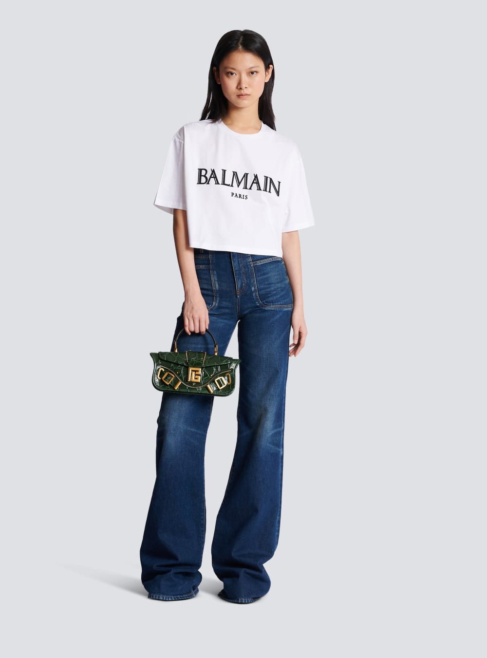 Women's Balmain Cropped With Rubber Roman Logo T Shirts White | USA chP0S13V