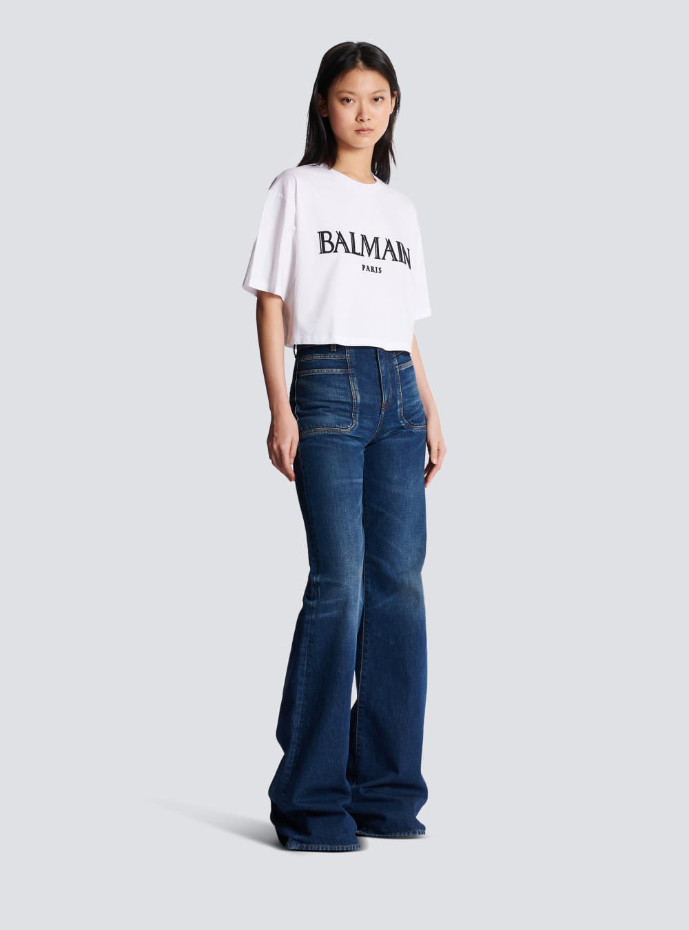 Women's Balmain Cropped With Rubber Roman Logo T Shirts White | USA chP0S13V