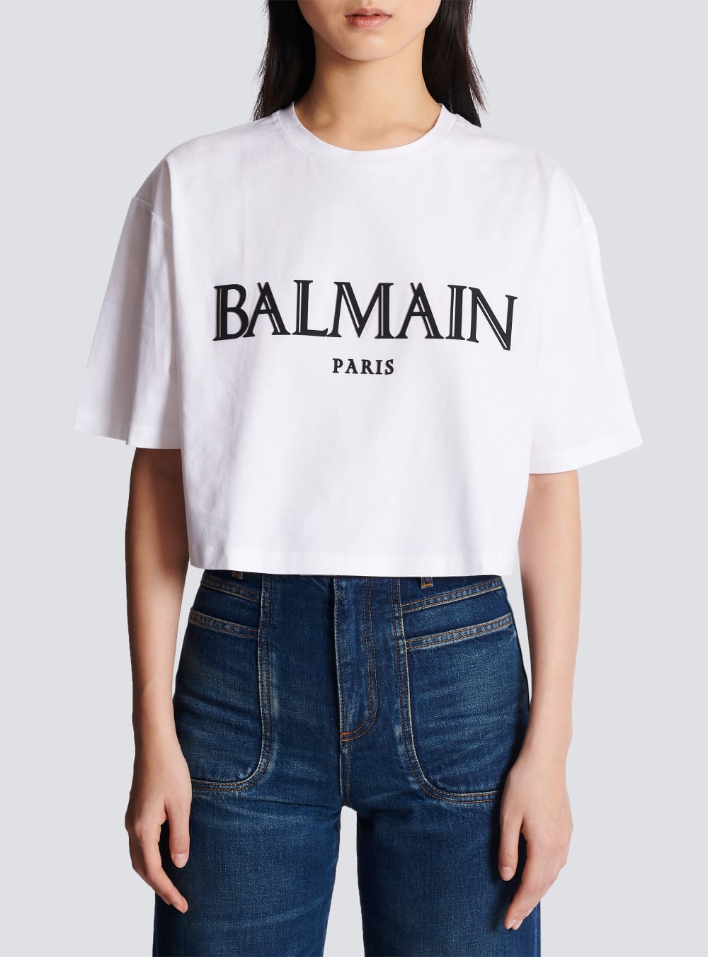 Women's Balmain Cropped With Rubber Roman Logo T Shirts White | USA chP0S13V