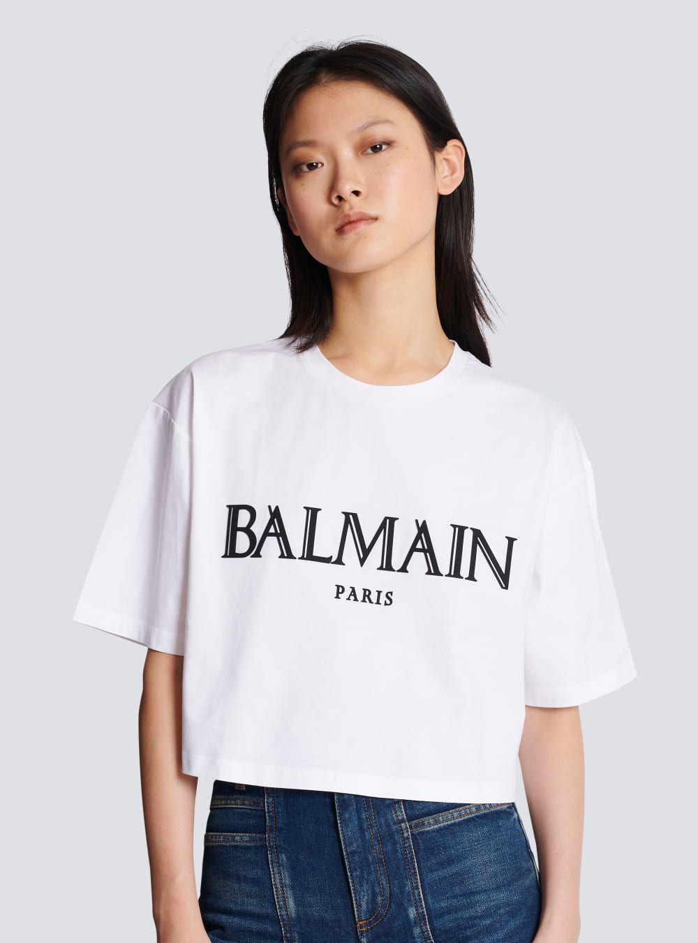 Women's Balmain Cropped With Rubber Roman Logo T Shirts White | USA chP0S13V