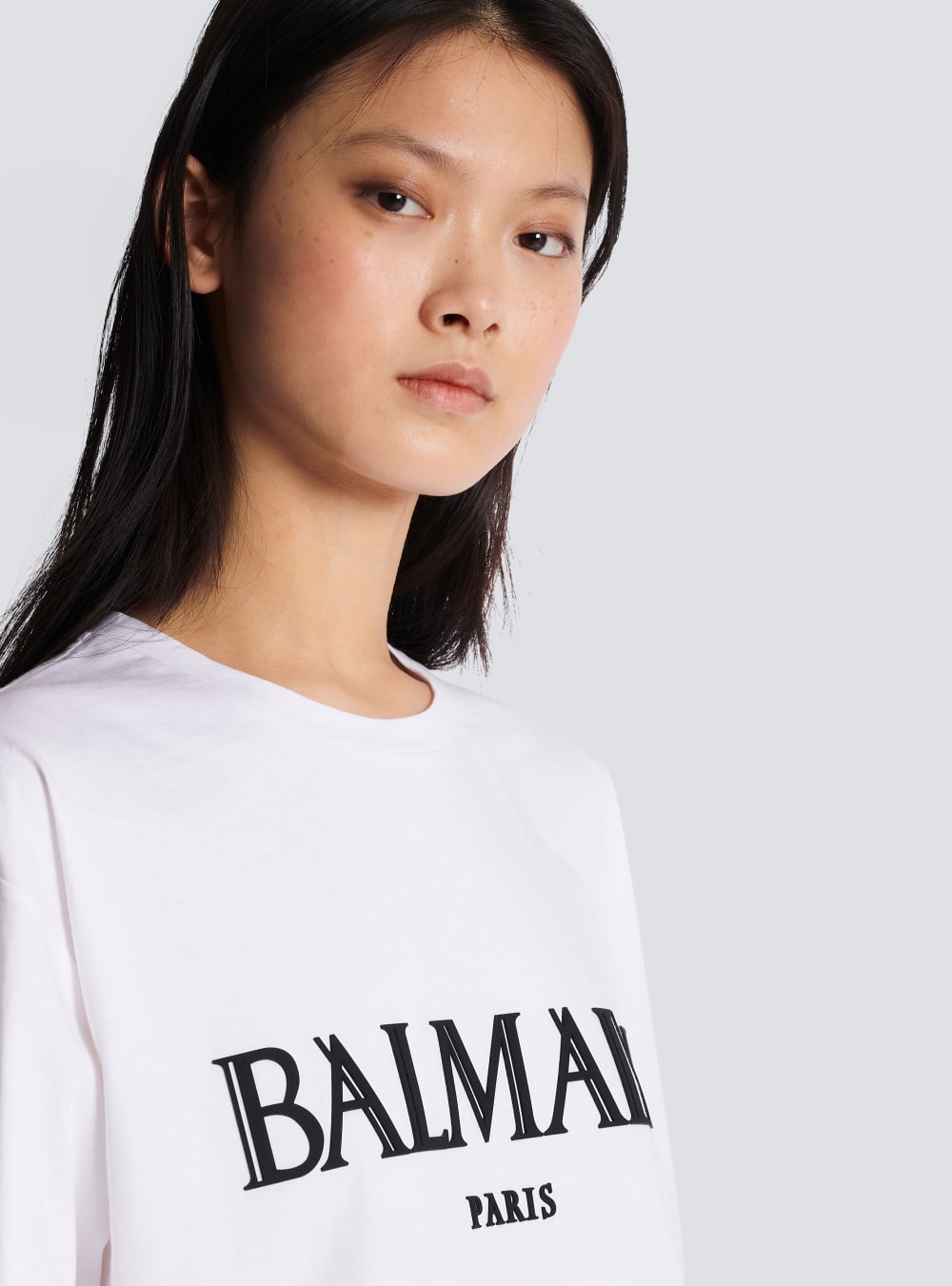 Women's Balmain Cropped With Rubber Roman Logo T Shirts White | USA chP0S13V