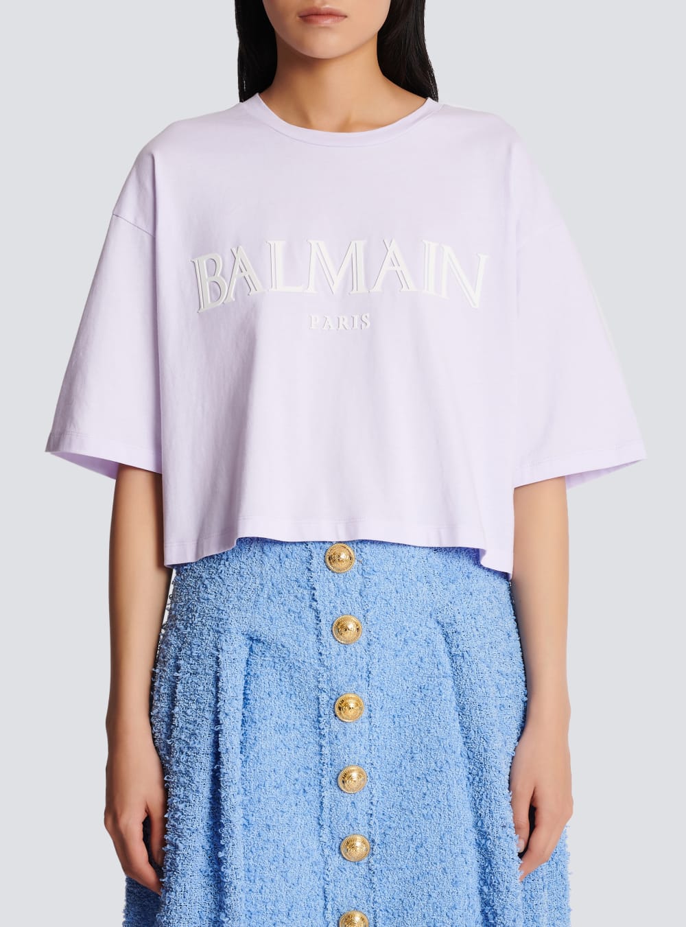 Women's Balmain Cropped With Rubber Roman Logo T Shirts Purple | USA sAmvLvaq