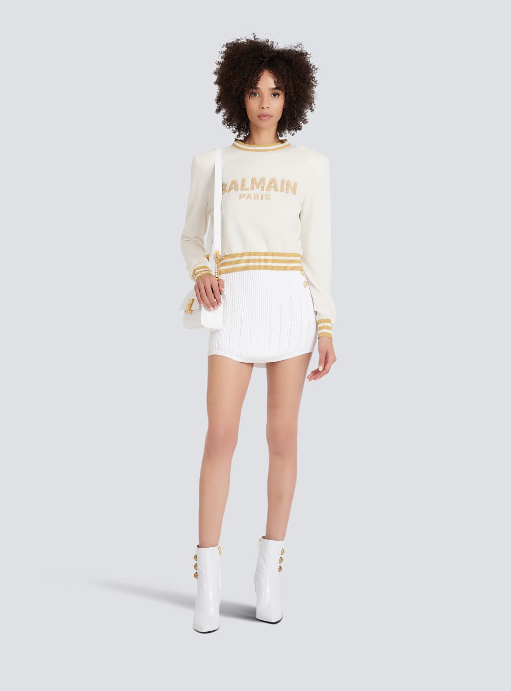 Women's Balmain Cropped Wool With Gold Logo Sweatshirts Beige | USA RUblgOxg