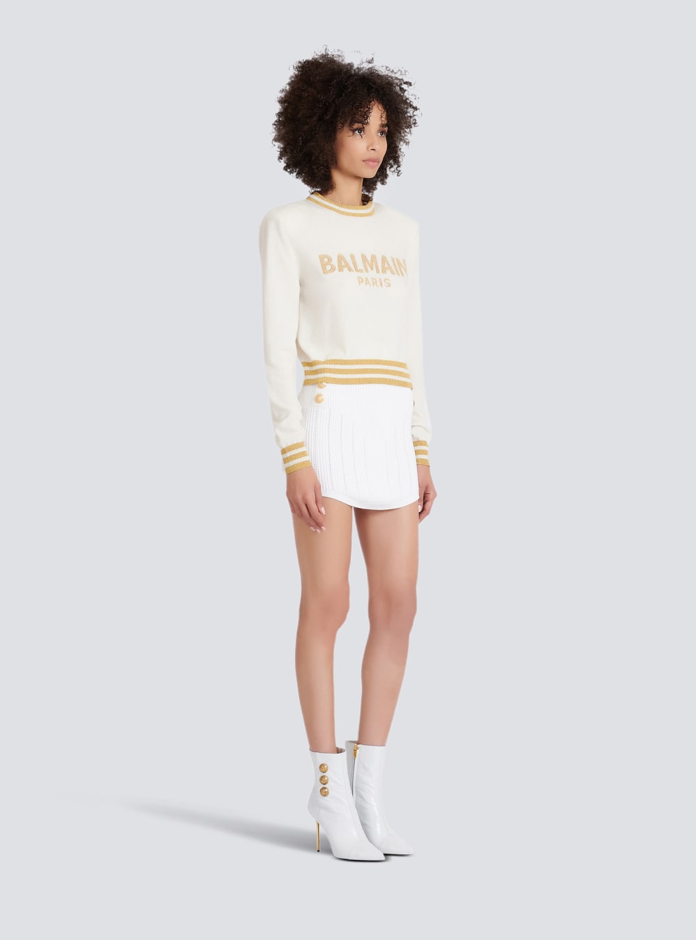 Women's Balmain Cropped Wool With Gold Logo Sweatshirts Beige | USA RUblgOxg