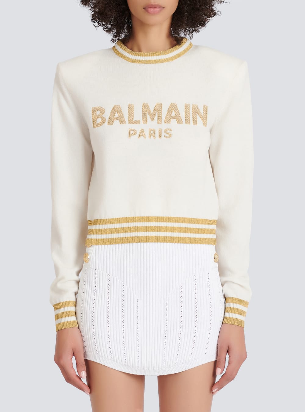 Women's Balmain Cropped Wool With Gold Logo Sweatshirts Beige | USA RUblgOxg