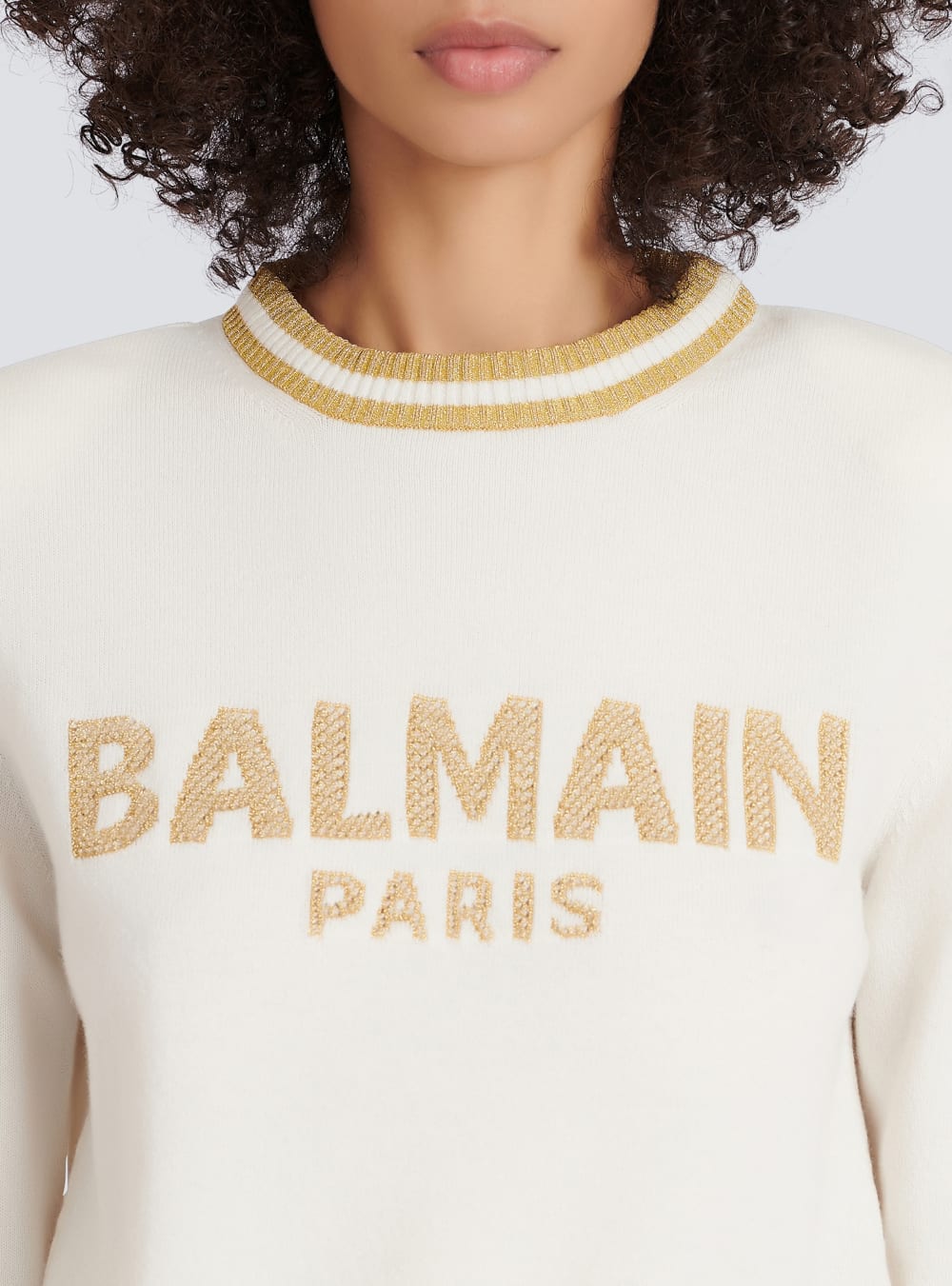 Women's Balmain Cropped Wool With Gold Logo Sweatshirts Beige | USA RUblgOxg