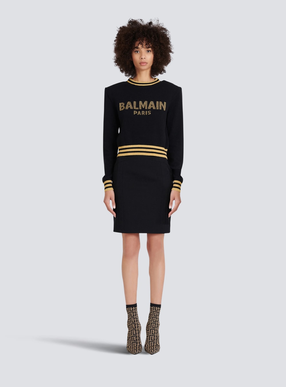 Women's Balmain Cropped Wool With Gold Logo Sweatshirts Black | USA YYY068UQ