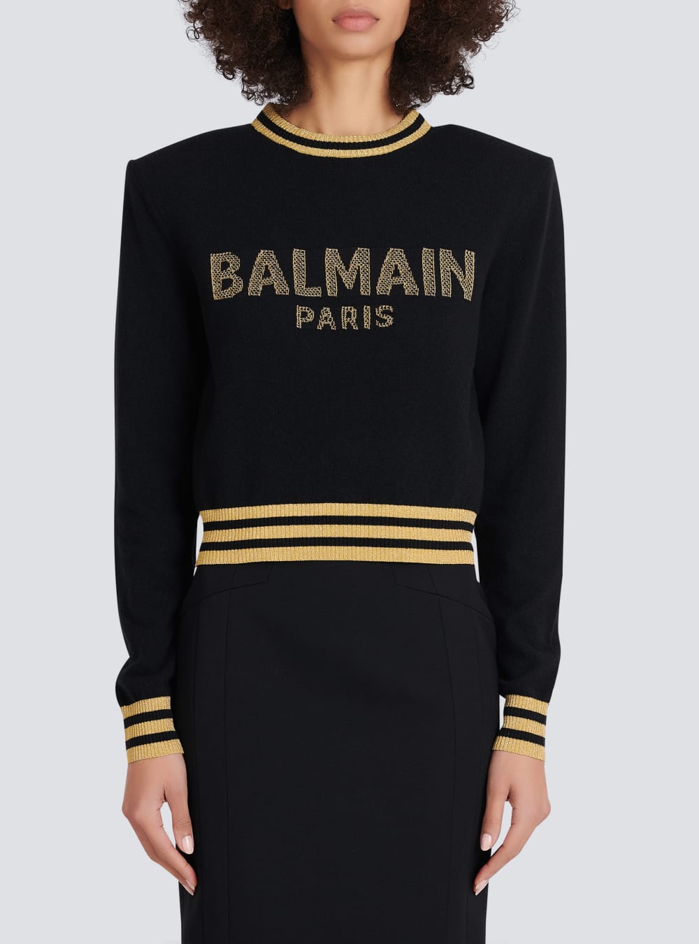 Women's Balmain Cropped Wool With Gold Logo Sweatshirts Black | USA YYY068UQ