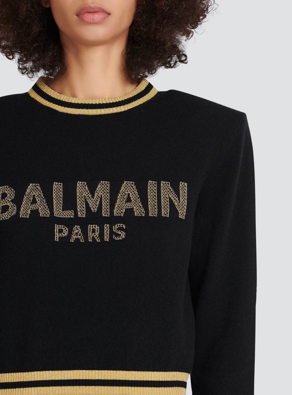 Women's Balmain Cropped Wool With Gold Logo Sweatshirts Black | USA YYY068UQ