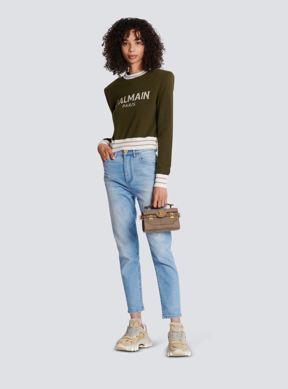 Women's Balmain Cropped Wool With Logo Jumpers Khaki | USA DN1dEE0H