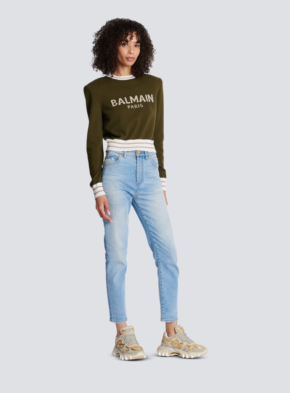 Women's Balmain Cropped Wool With Logo Jumpers Khaki | USA DN1dEE0H