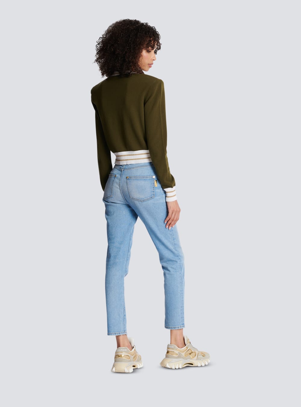 Women's Balmain Cropped Wool With Logo Jumpers Khaki | USA DN1dEE0H