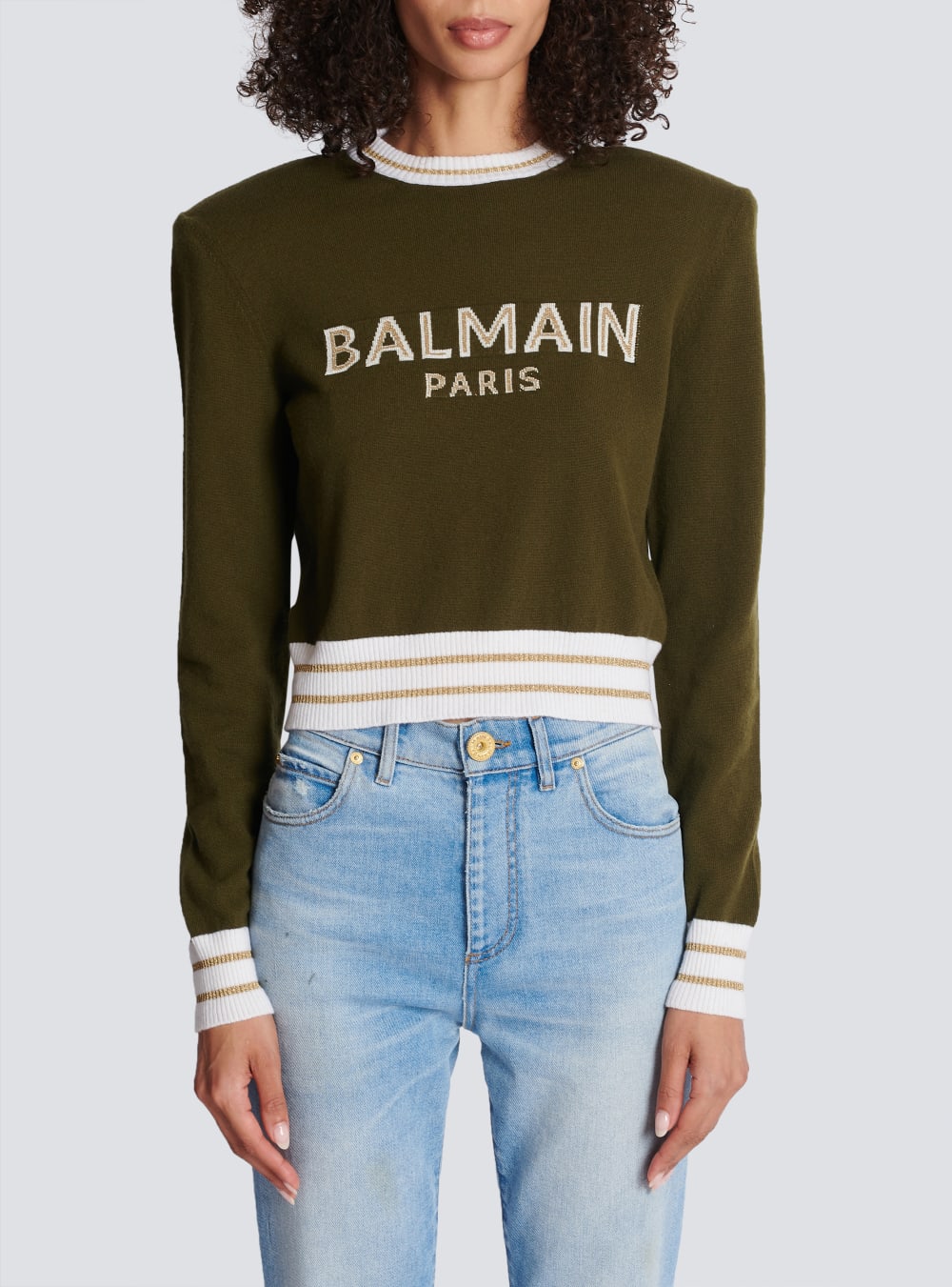 Women's Balmain Cropped Wool With Logo Jumpers Khaki | USA DN1dEE0H