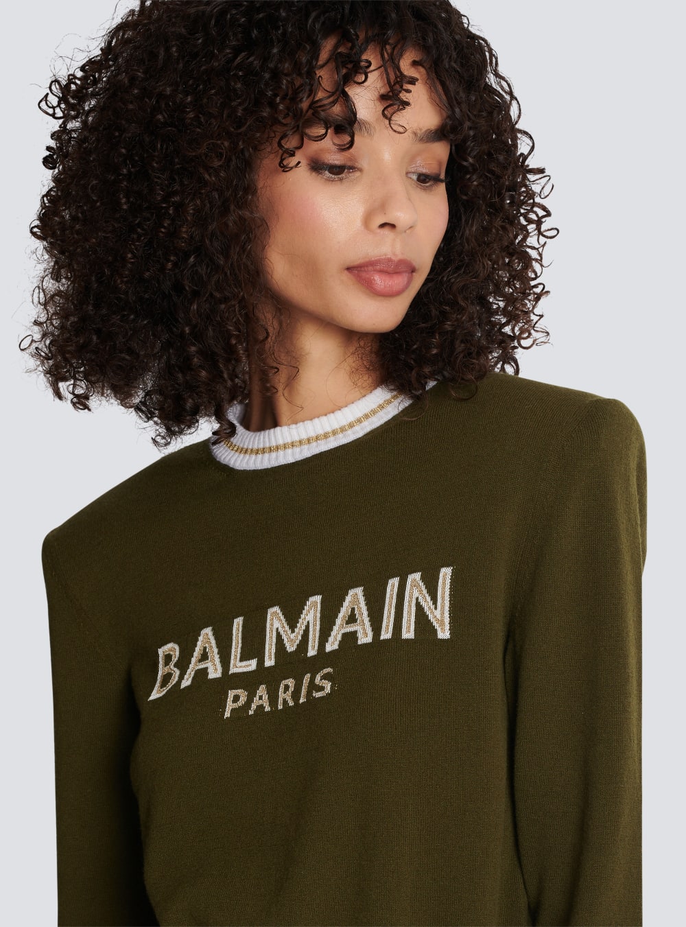 Women's Balmain Cropped Wool With Logo Jumpers Khaki | USA DN1dEE0H