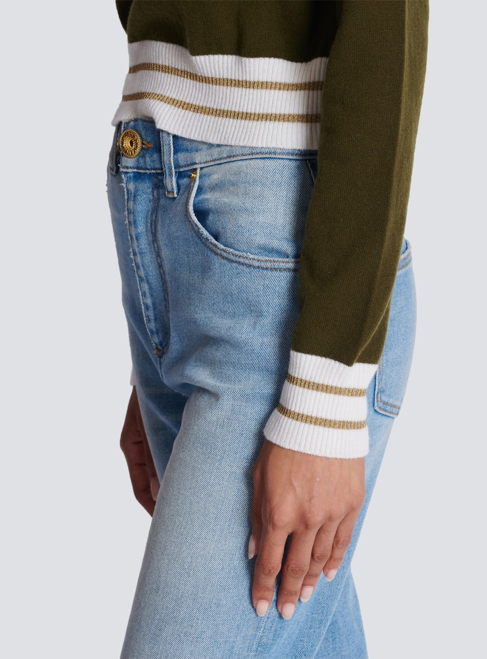 Women's Balmain Cropped Wool With Logo Jumpers Khaki | USA DN1dEE0H