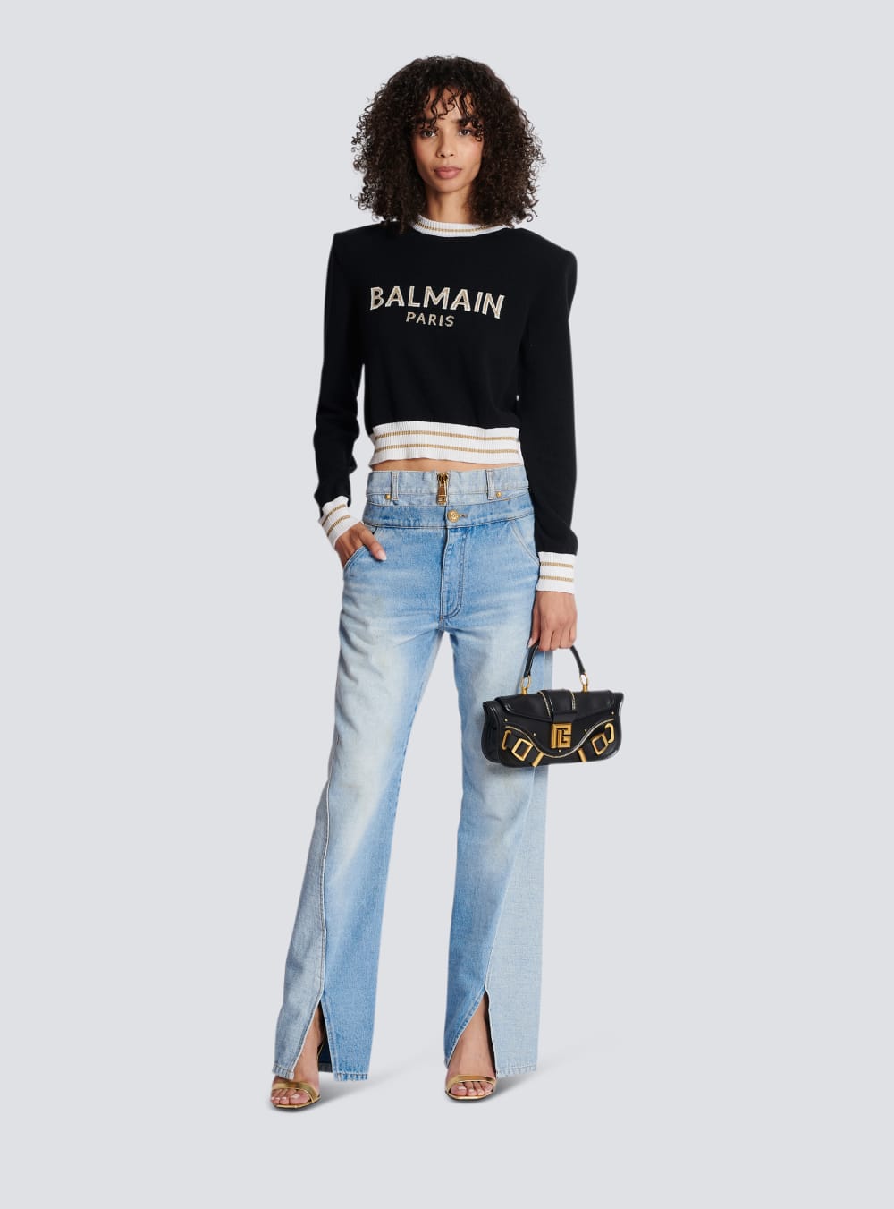 Women's Balmain Cropped Wool With Logo Jumpers Black | USA naNII0c8