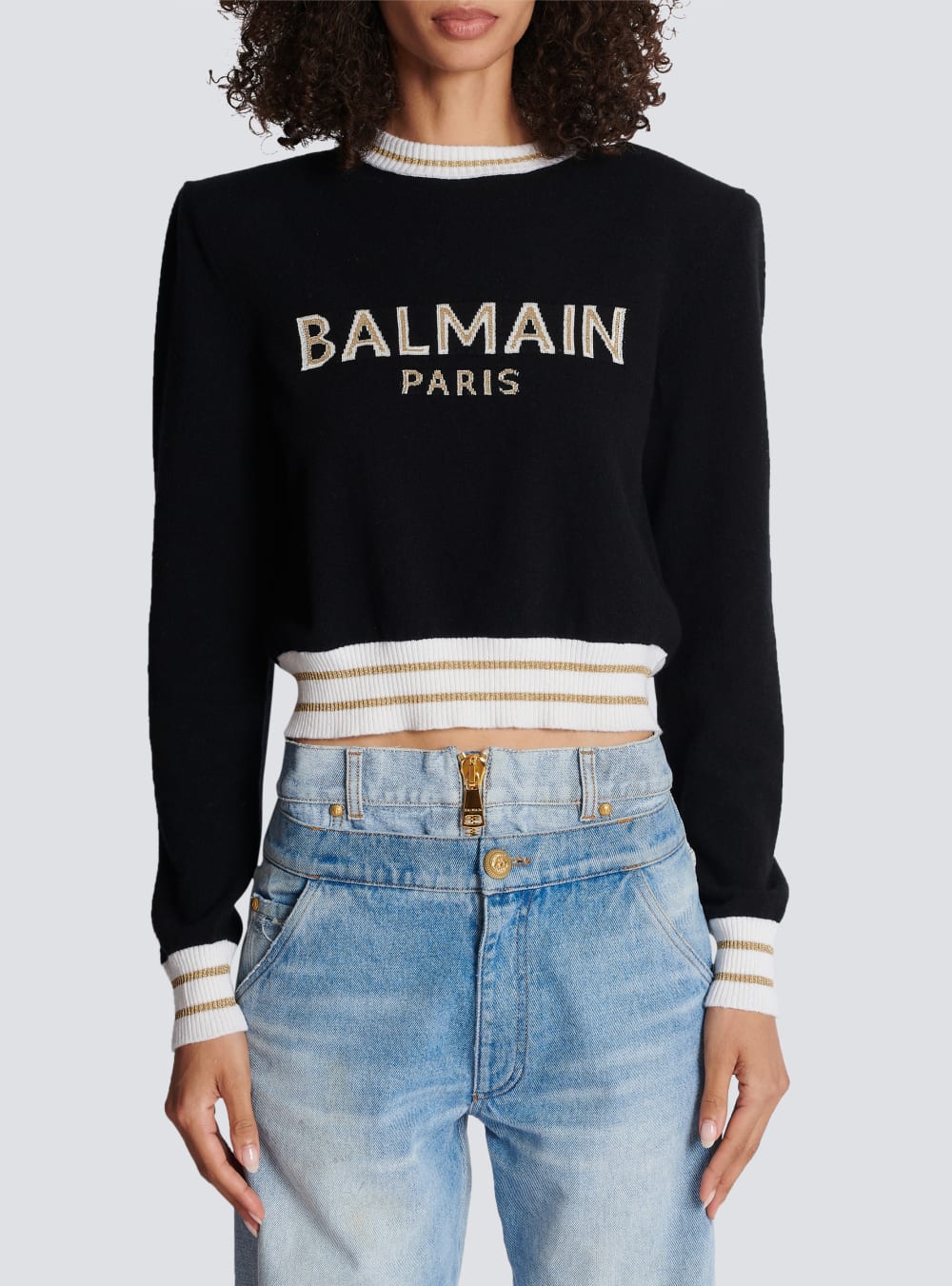 Women's Balmain Cropped Wool With Logo Jumpers Black | USA naNII0c8