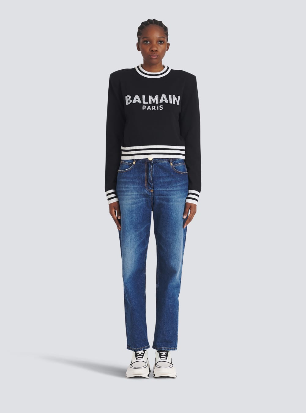 Women's Balmain Cropped Wool With Logo Sweatshirts Black | USA RxUsfWUE