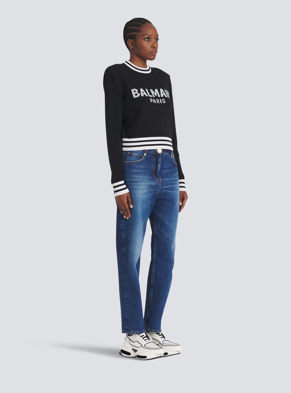 Women's Balmain Cropped Wool With Logo Sweatshirts Black | USA RxUsfWUE