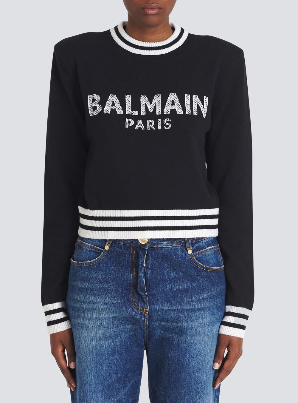 Women's Balmain Cropped Wool With Logo Sweatshirts Black | USA RxUsfWUE