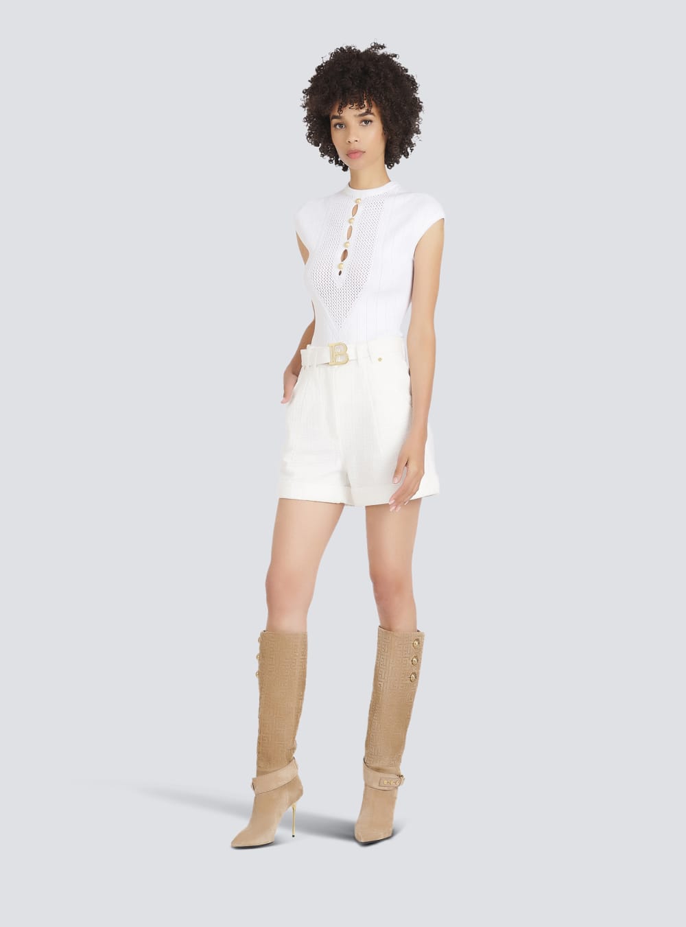 Women's Balmain Denim High-waisted With Buckle Shorts White | USA vEUXSPhh