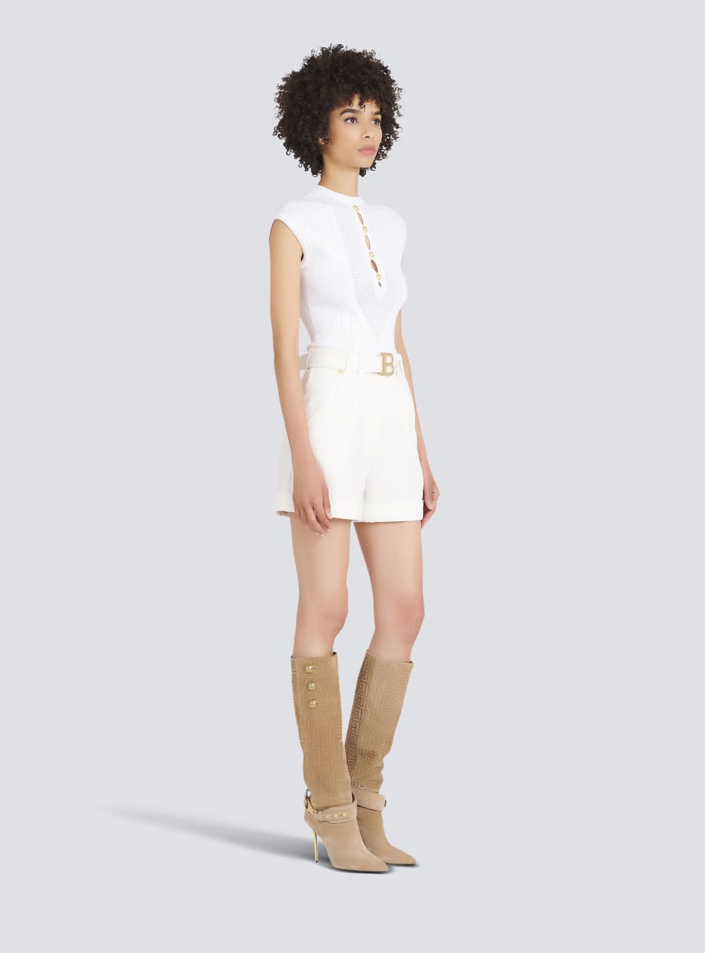 Women's Balmain Denim High-waisted With Buckle Shorts White | USA vEUXSPhh