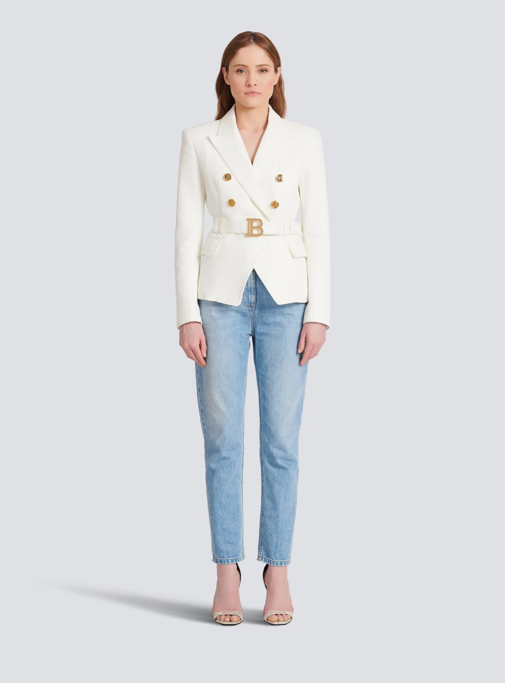 Women's Balmain Double-breasted Cotton With Buckle Blazers White | USA 1DCpw3UE