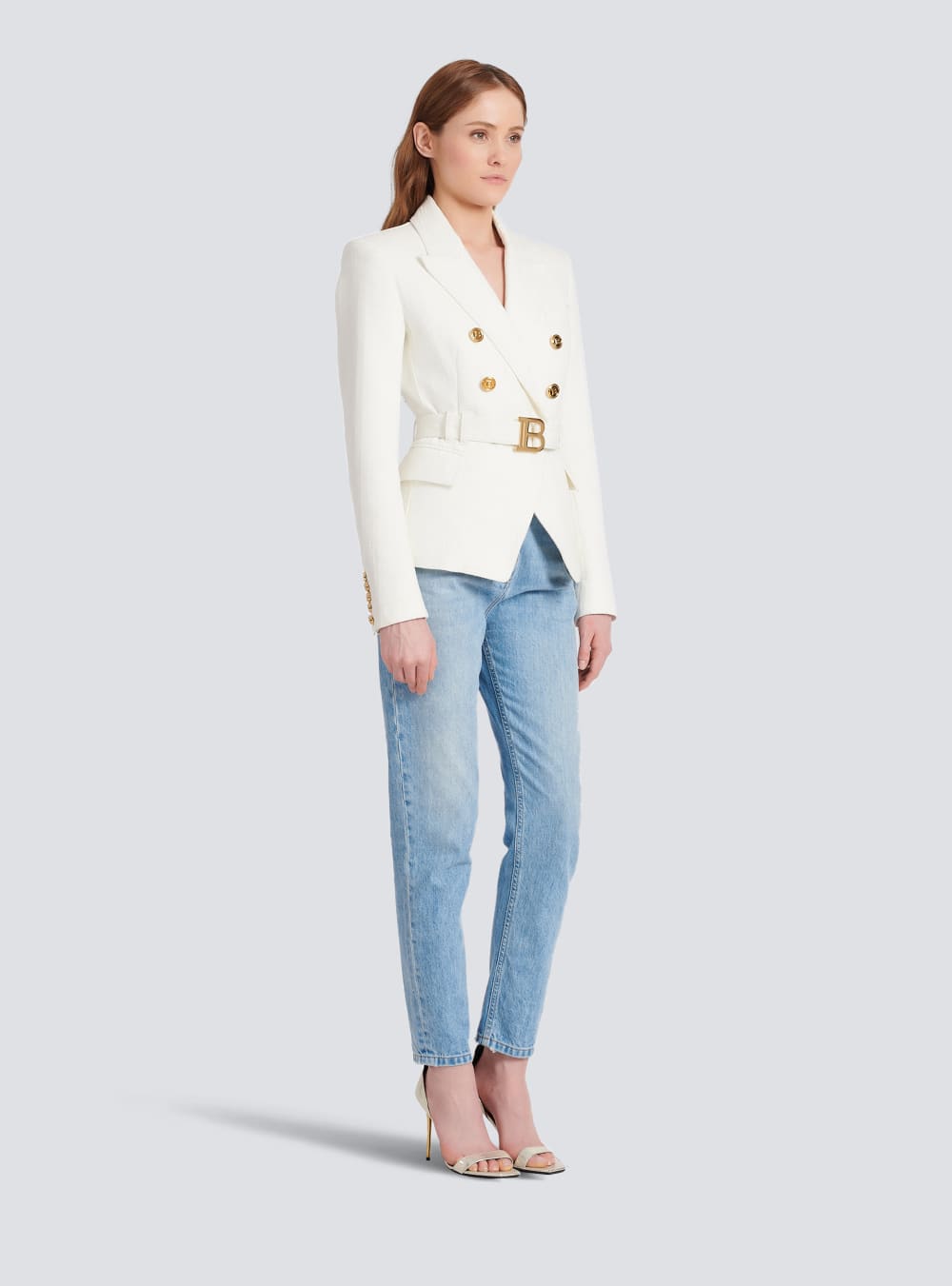 Women's Balmain Double-breasted Cotton With Buckle Blazers White | USA 1DCpw3UE