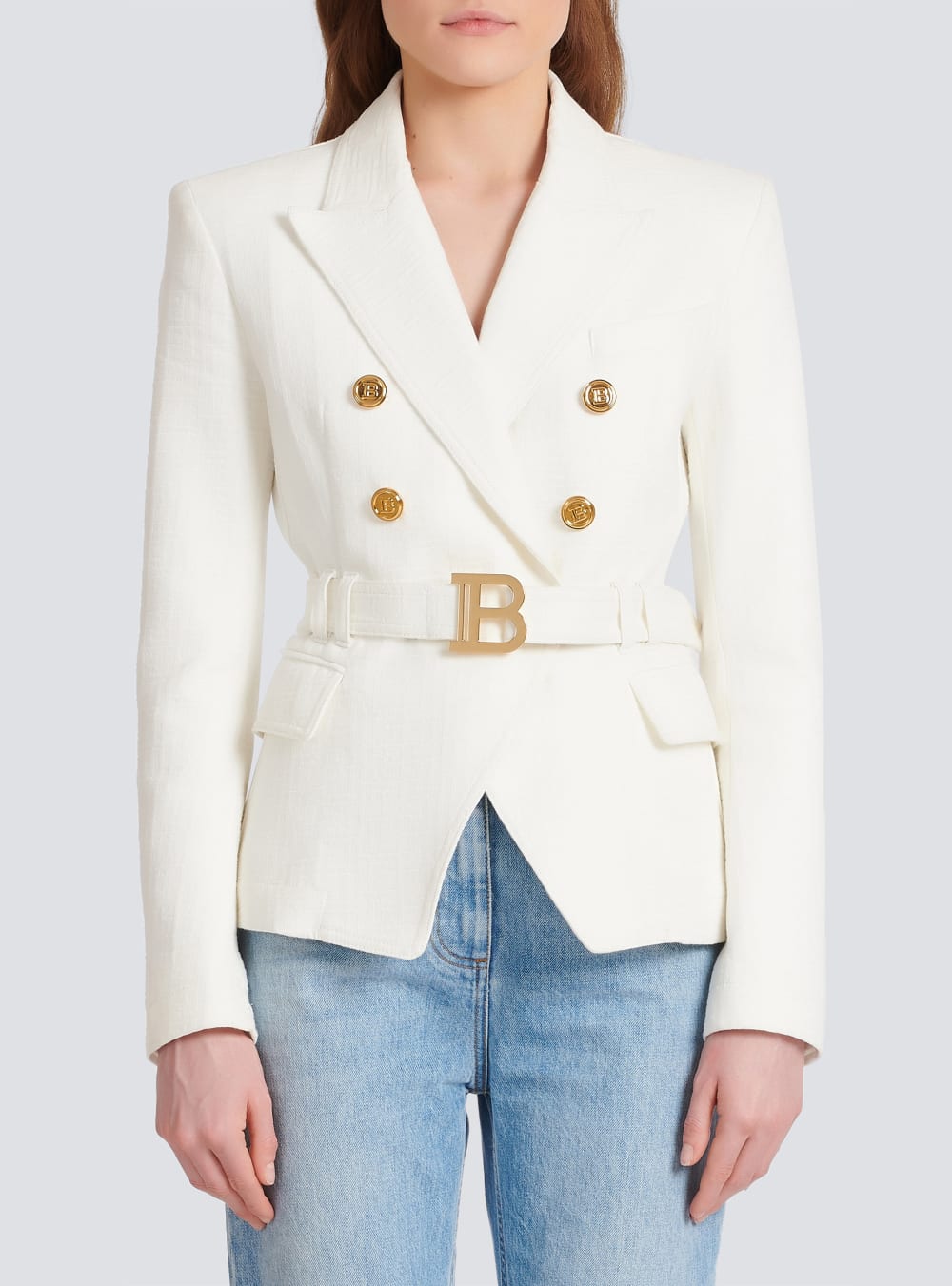 Women's Balmain Double-breasted Cotton With Buckle Blazers White | USA 1DCpw3UE