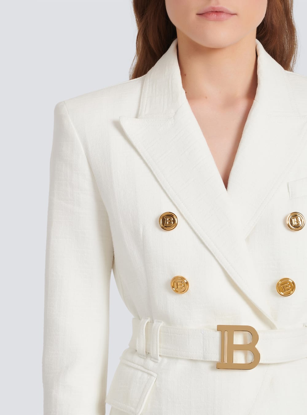 Women's Balmain Double-breasted Cotton With Buckle Blazers White | USA 1DCpw3UE