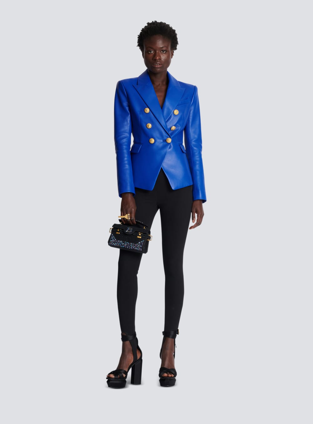 Women's Balmain Double-breasted Leather Blazers Blue | USA GdKU5oBA