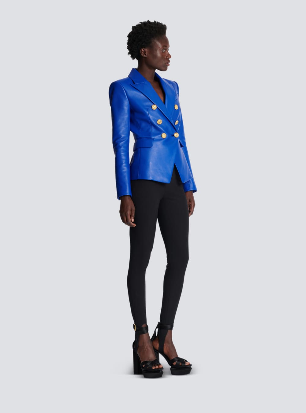 Women's Balmain Double-breasted Leather Blazers Blue | USA GdKU5oBA