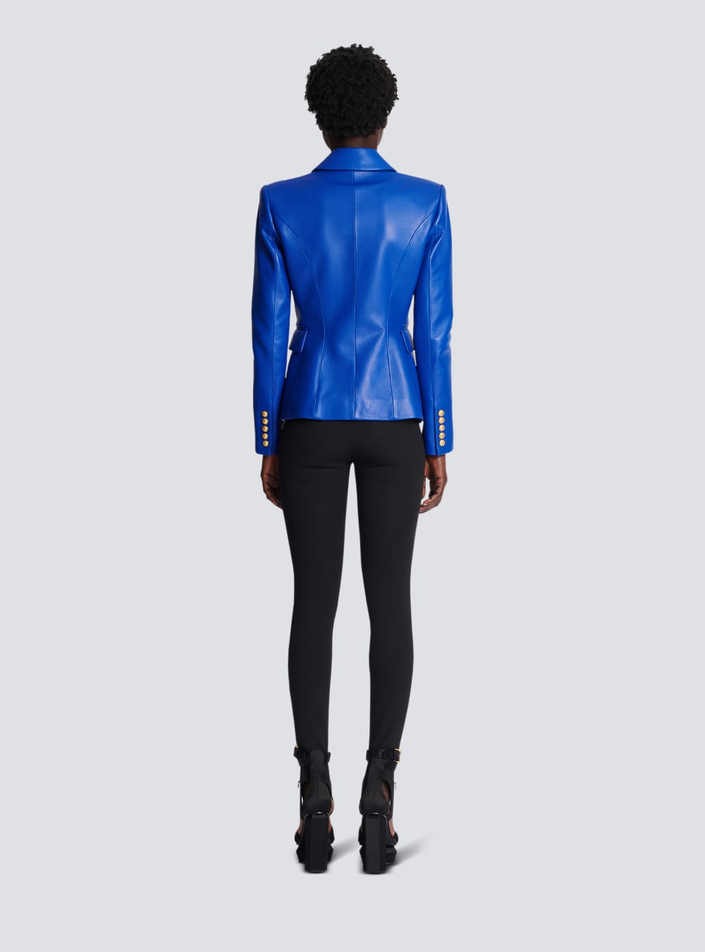 Women's Balmain Double-breasted Leather Blazers Blue | USA GdKU5oBA