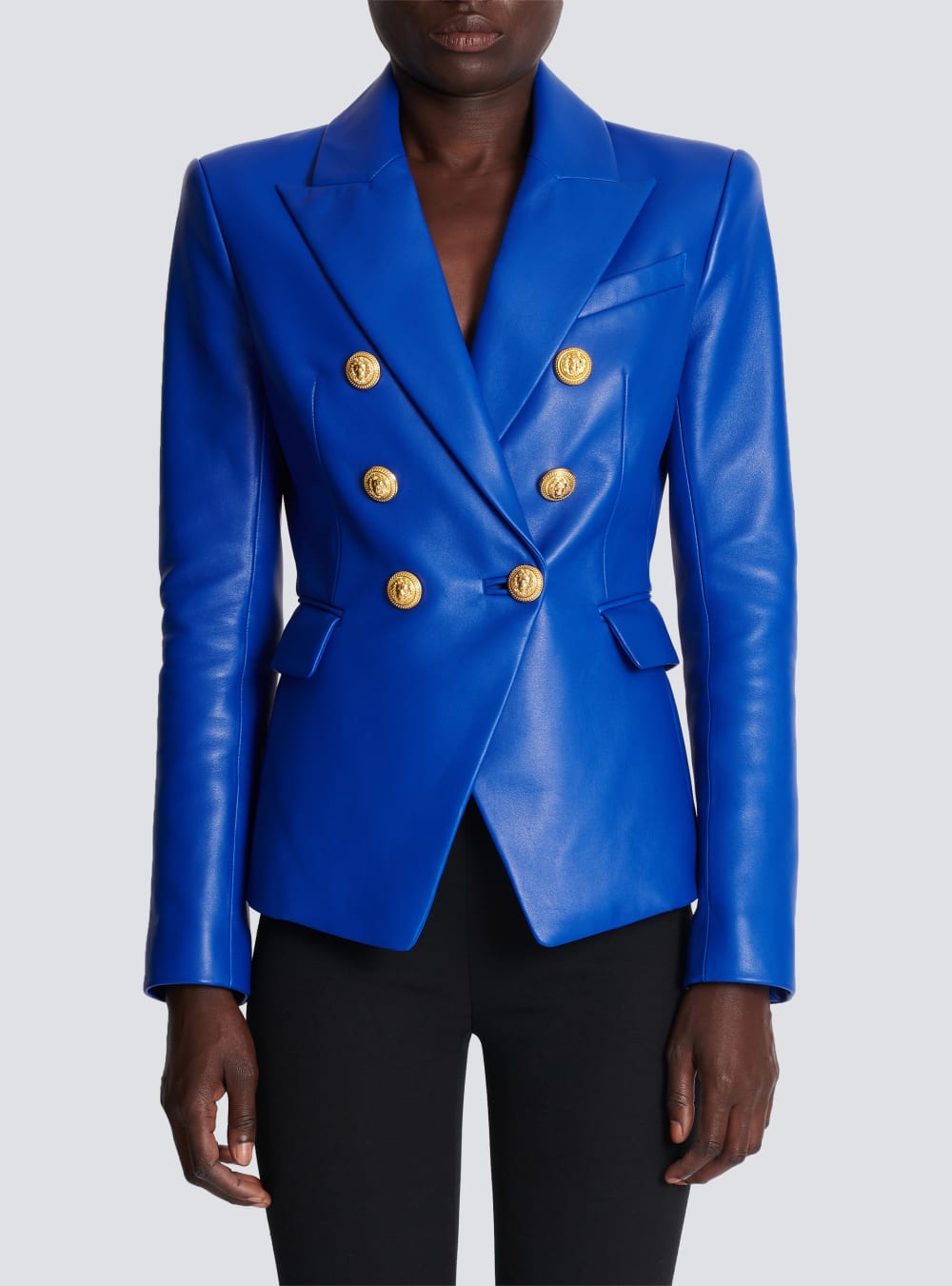 Women's Balmain Double-breasted Leather Blazers Blue | USA GdKU5oBA