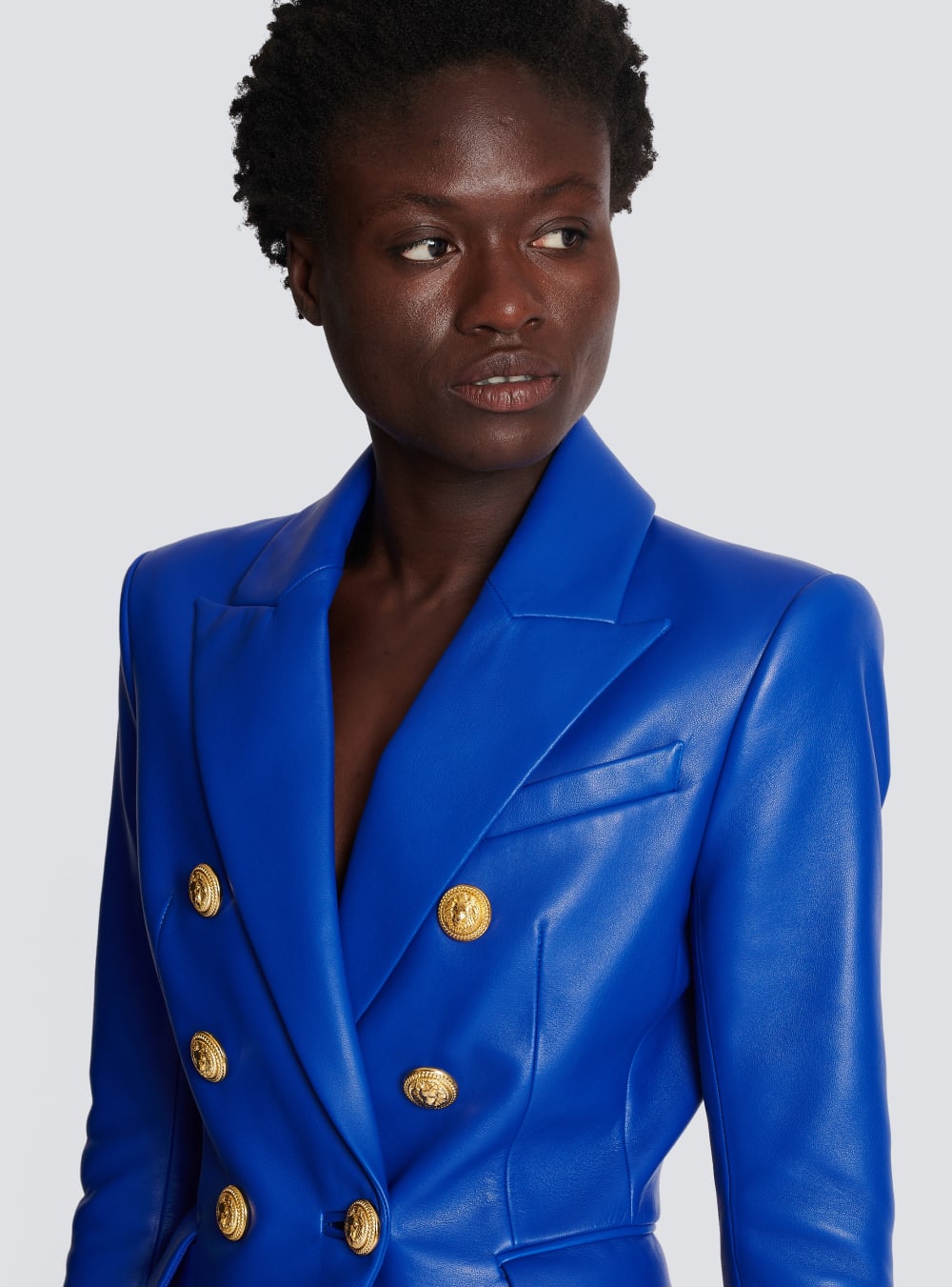 Women's Balmain Double-breasted Leather Blazers Blue | USA GdKU5oBA