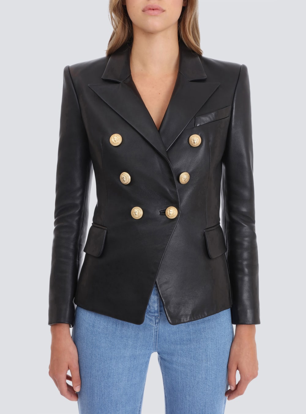 Women's Balmain Double-breasted Leather Blazers Black | USA VKqzK6kq