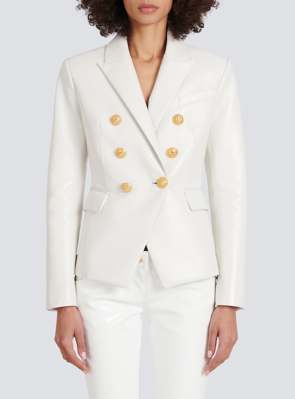 Women's Balmain Double-breasted Leather Blazers White | USA XAJsGsei