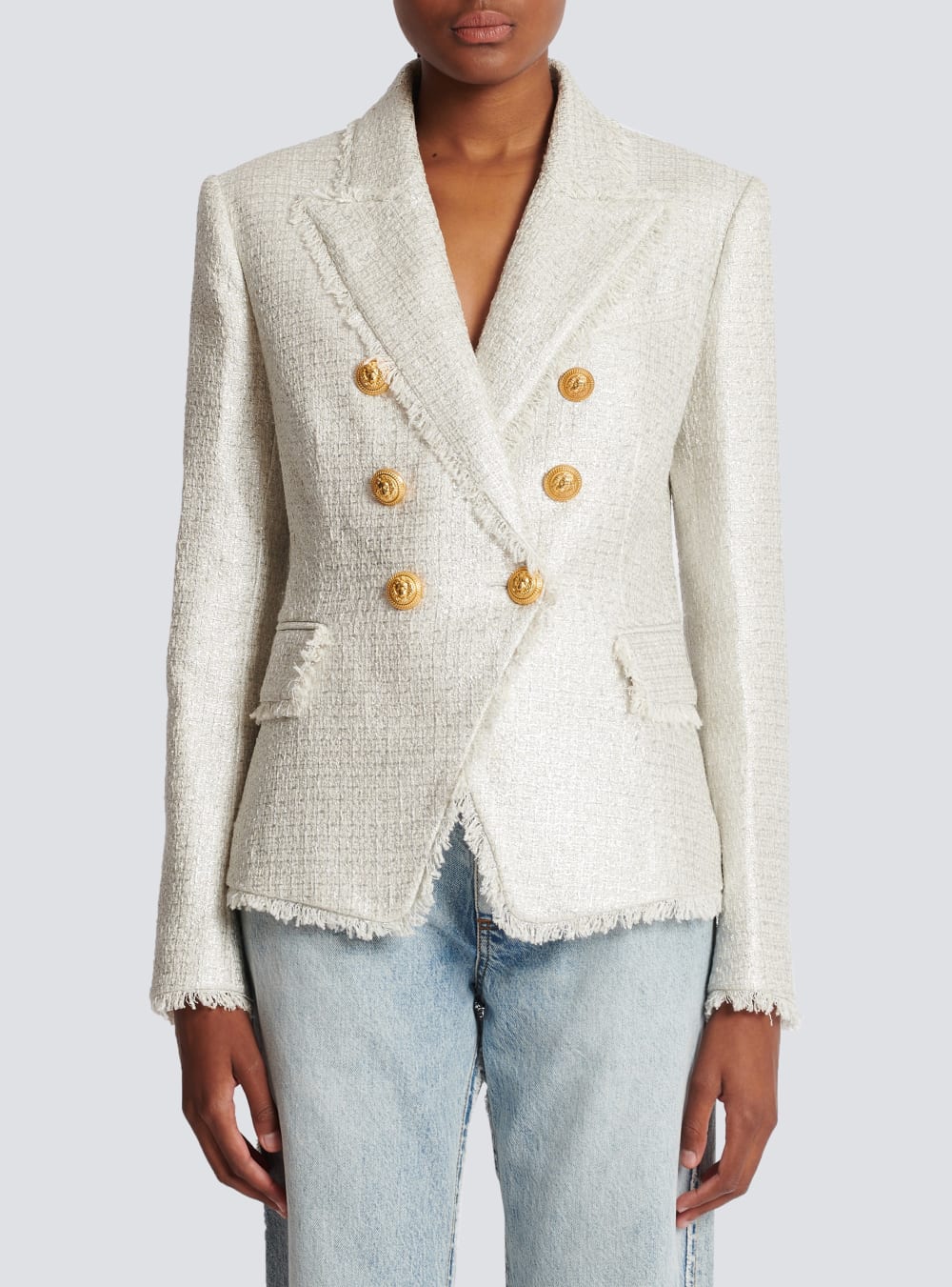 Women's Balmain Double-breasted Tweed Jackets Silver | USA kIBR6HEq