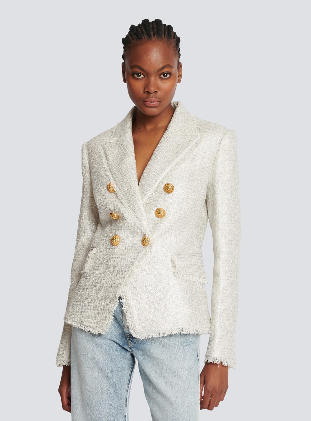 Women's Balmain Double-breasted Tweed Jackets Silver | USA kIBR6HEq