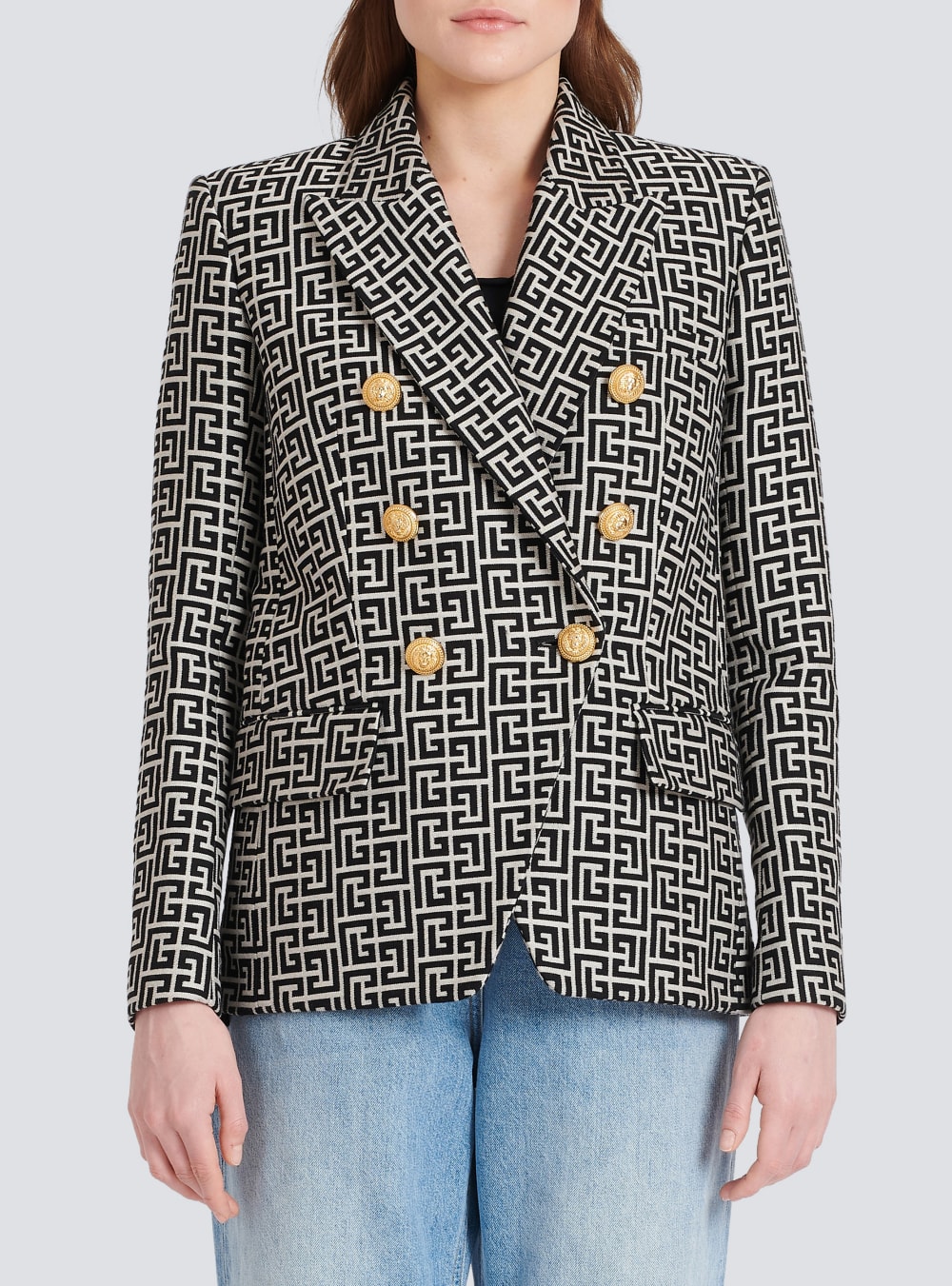 Women's Balmain Double-buttoned Jacquard Jackets Black | USA zxZ87MGJ