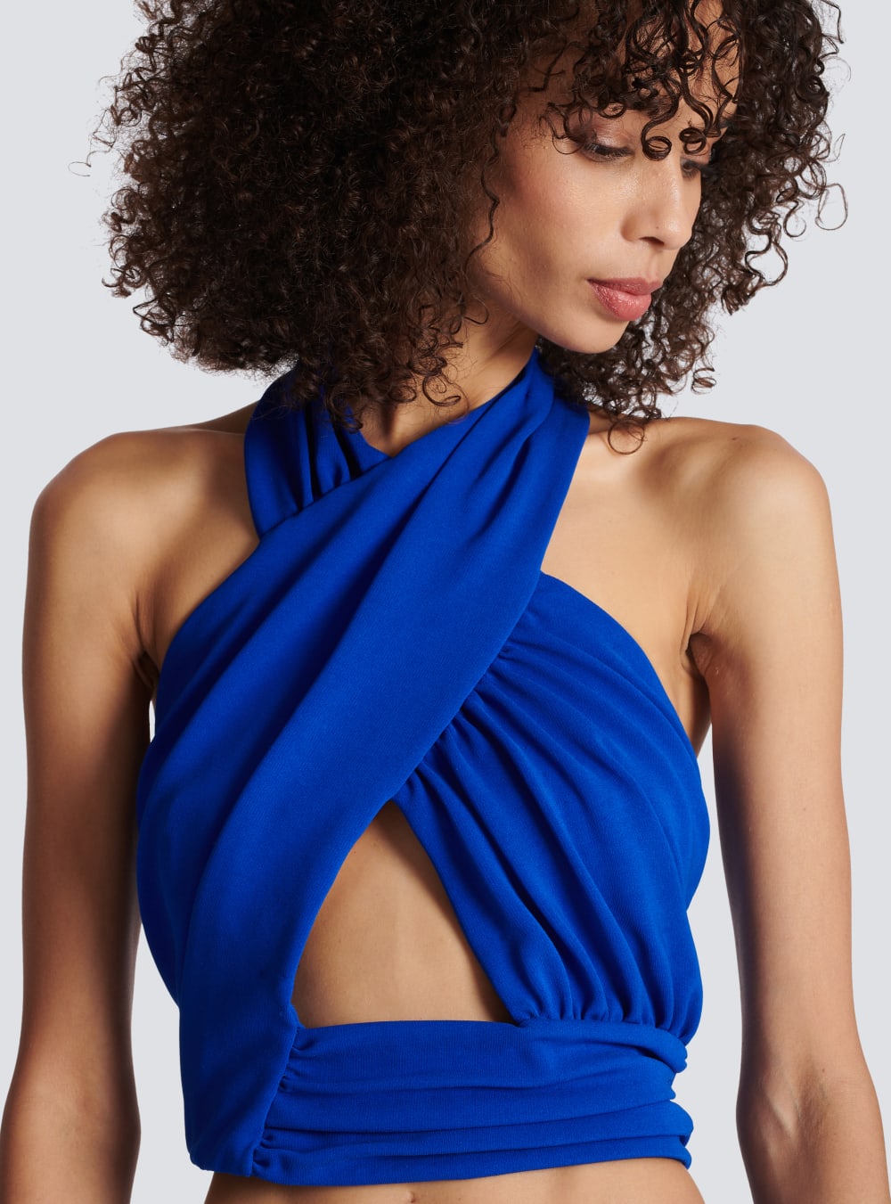 Women's Balmain Draped Jersey Crop Tops Blue | USA 1Efh2dOa