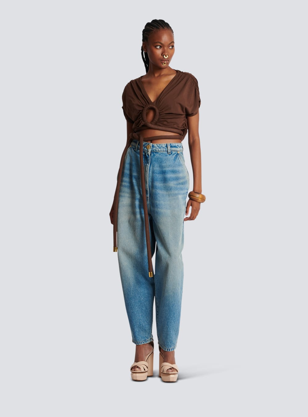 Women's Balmain Draped Jersey Crop Tops Brown | USA Gx3HzS1P