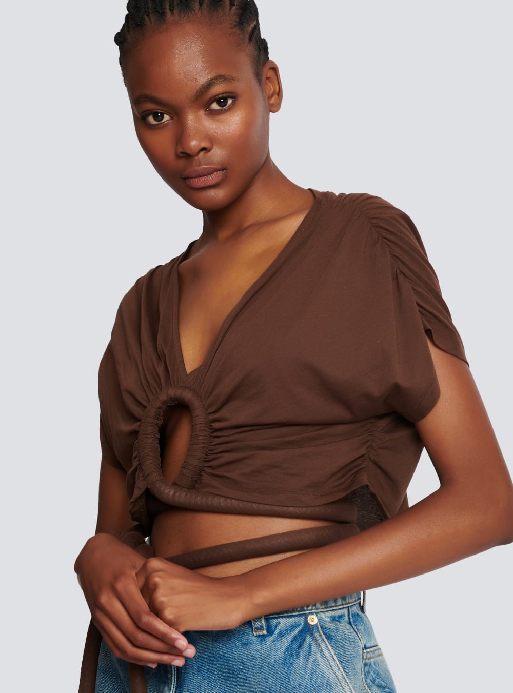 Women's Balmain Draped Jersey Crop Tops Brown | USA Gx3HzS1P