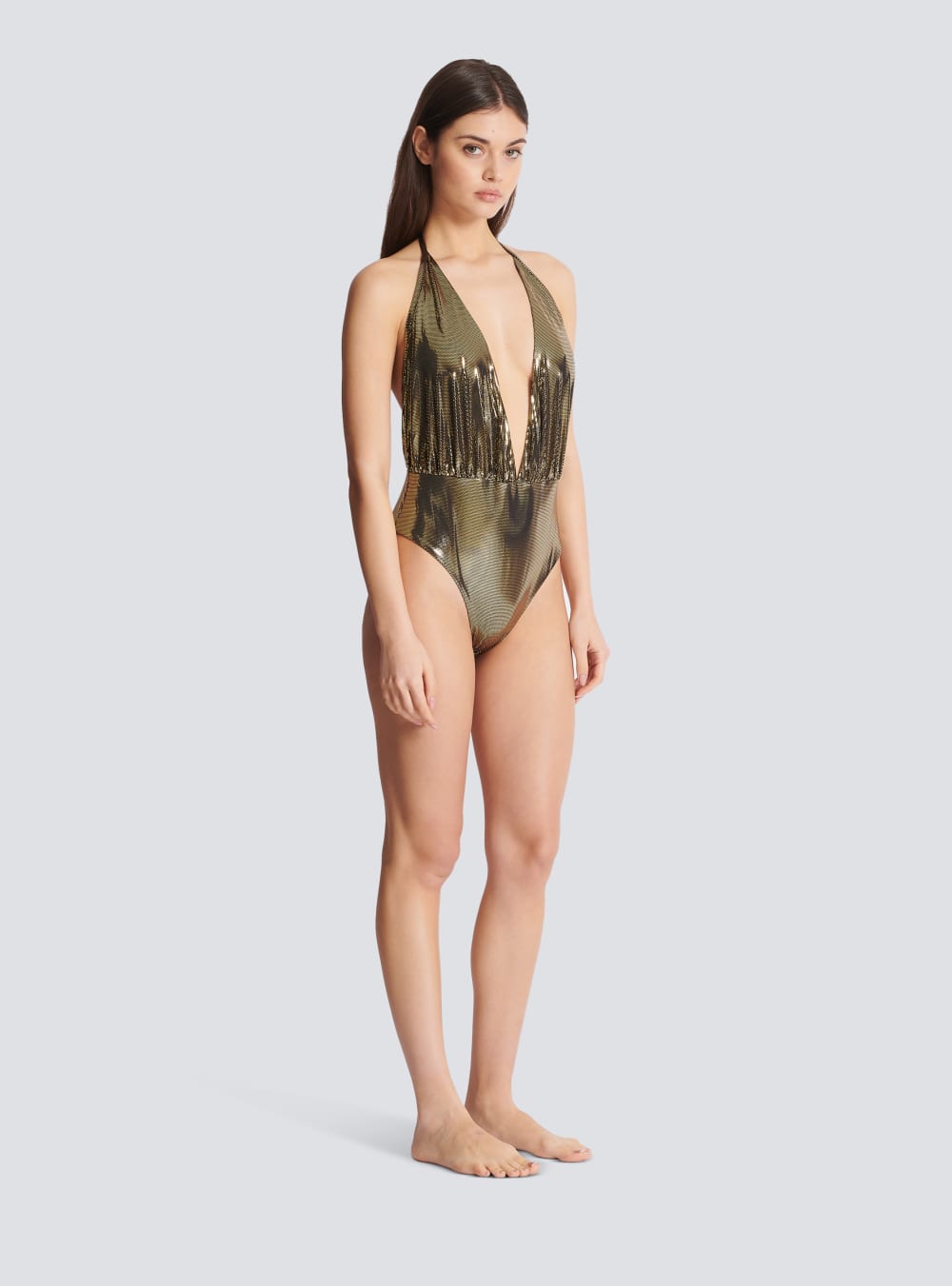 Women's Balmain Draped Metallic Swimsuits Gold | USA 09DB1R7O