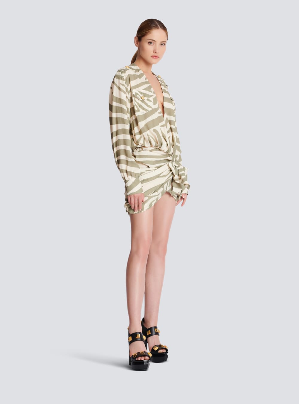 Women's Balmain Draped Zebra Print Dress Khaki | USA h0hnu6Pi