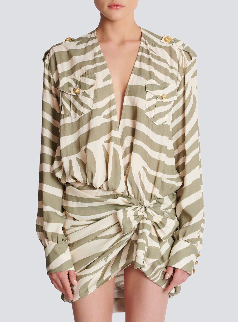 Women's Balmain Draped Zebra Print Dress Khaki | USA h0hnu6Pi